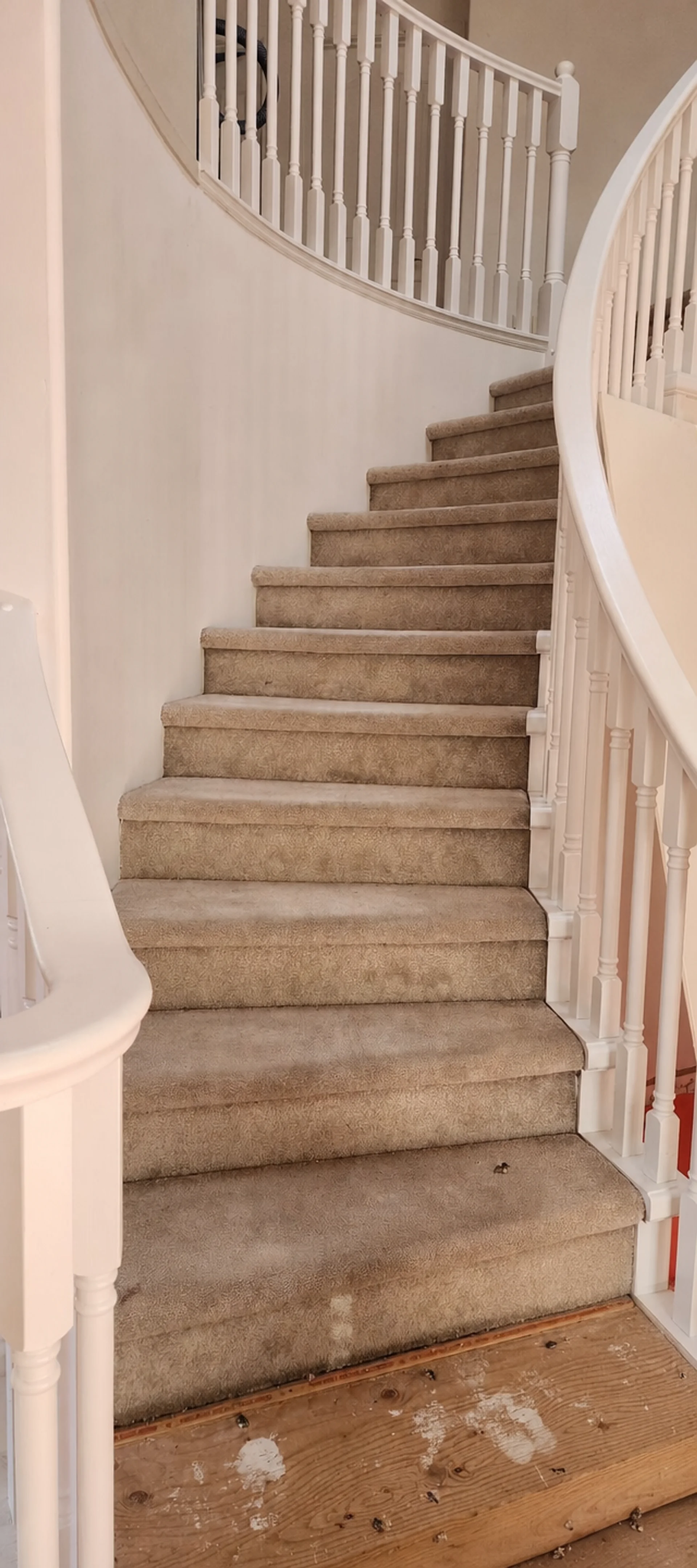 Curved staircase before — worn carpet treads
